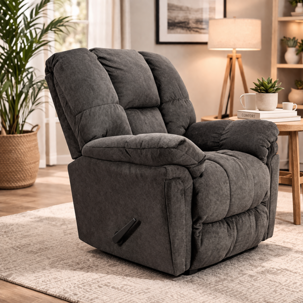 كرسي استرخاء Lucas | تصميم وصناعة أمريكية | كرسي هزاز مع تحكم يدوي | نظام يدوي سهل الاستخدام | اللون رمادي.